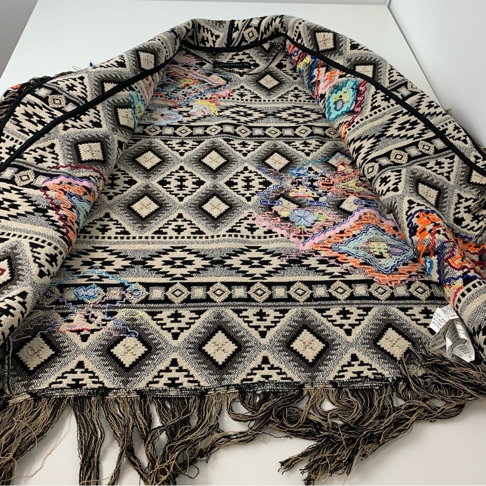 Zara Open Cardigan Jacket Tapestry Fringes Sz XS Oversized Multicolor Aztec Boho - Picture 10 of 15